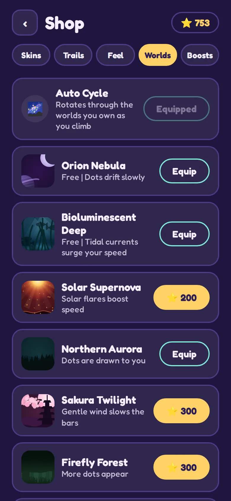 The shop, worlds tab